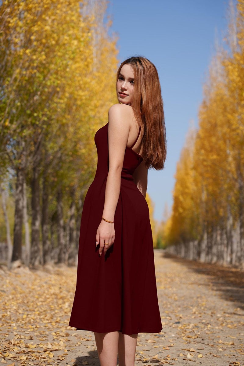 Memoriesea Women's Elegant Square Neck Swing A Line Wedding Evening Party Midi Dress Burgundy - Image 3