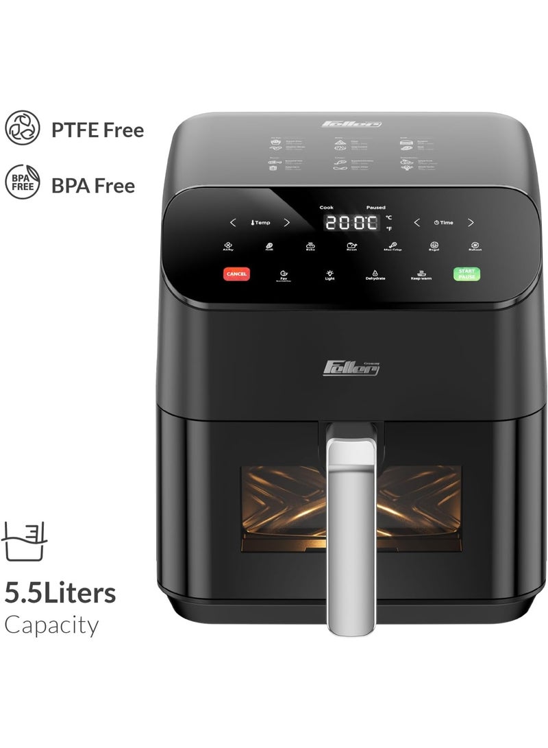 Feller Germany Air Fryer 1600 W, Large 5.5L Cap., Xcyclone-Tech, 4x Non-Stick Ceramic Coating,10 Cooking Functions, Touch Panel, Cool-Touch+Interior Lightning, AFR550, 2Y Guarantee-UAE Version - Image 2