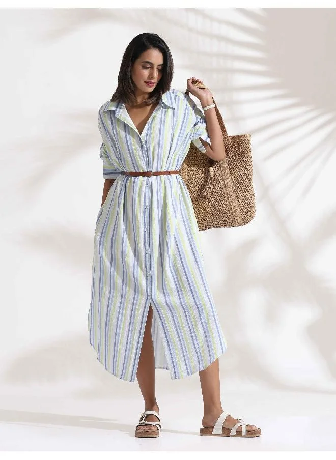 ترو برونز trueBrowns White Cotton Multi Stripe Shirt Dress