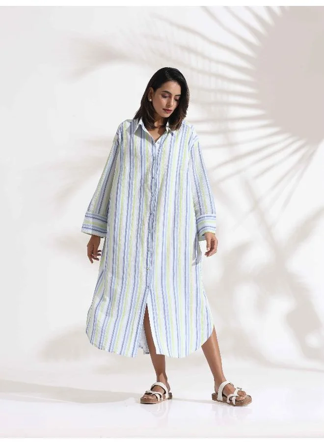 ترو برونز trueBrowns White Cotton Multi Stripe Shirt Dress