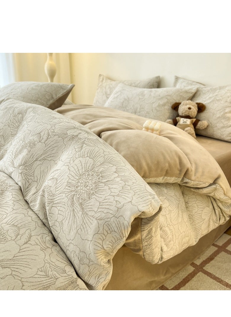Generic Bed Sheet Style — Carved Velvet Cloth Embroidered Wide Edge Milk Velvet Four Piece Bedding Set  - Image 1