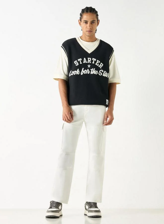 ستارتر تيشيرت بدون أكمام بياقة على شكل حرف  بتصميم شعار للمبتدئين