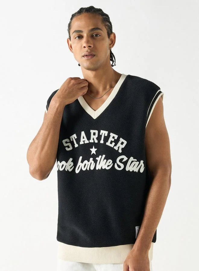 ستارتر تيشيرت بدون أكمام بياقة على شكل حرف  بتصميم شعار للمبتدئين