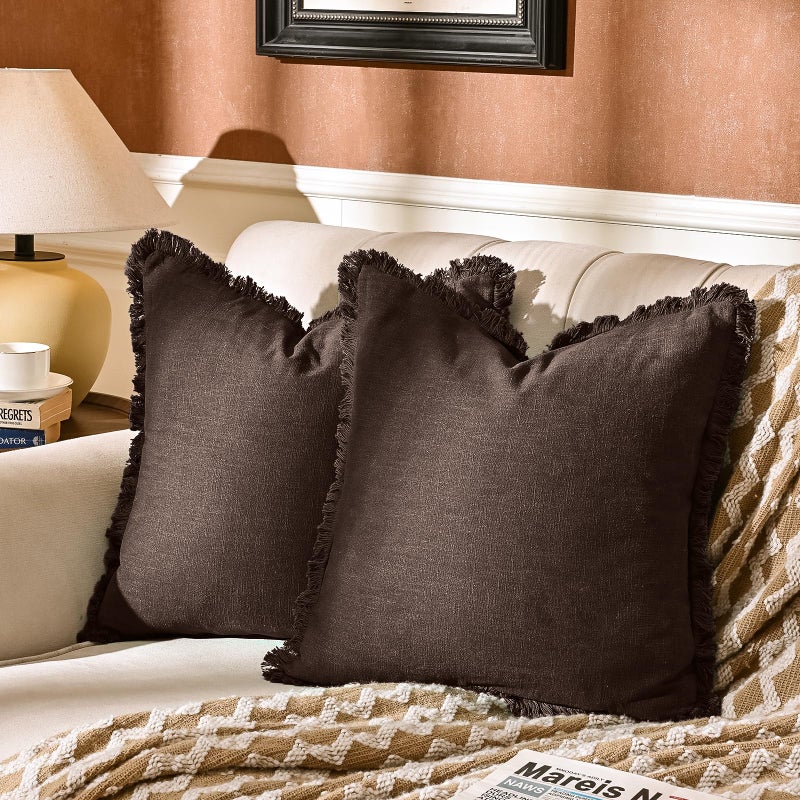 AmHoo Pack of 2 Linen Pillow Covers with Tassels Fringed Decorative Rustic Natural Throw Pillowcase Cushion for Couch Sofa Bedroom 20 x 20Inch Brown