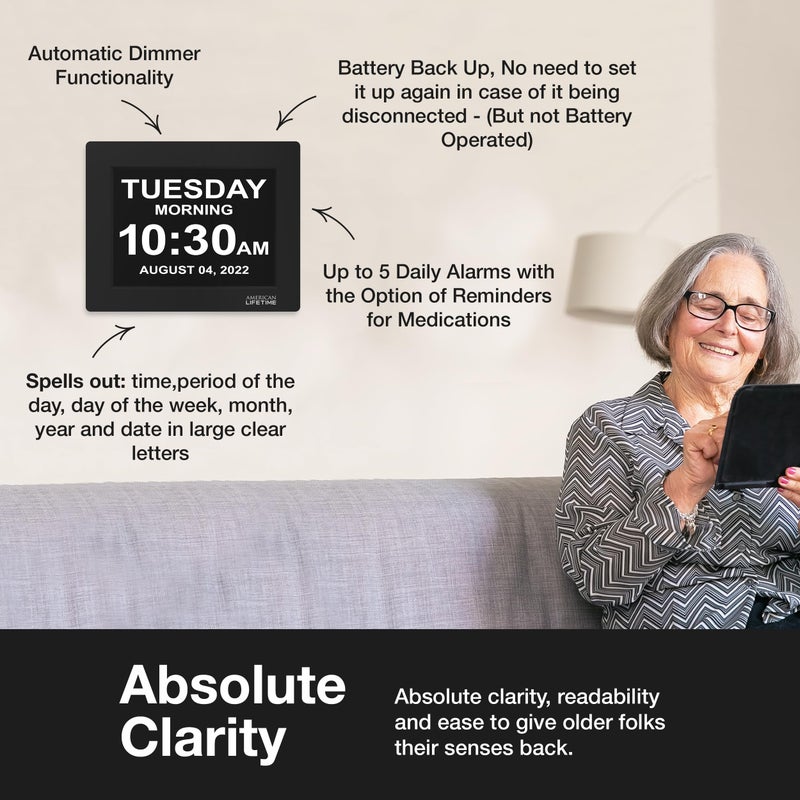 American Lifetime New 2025 Dementia Clock Large Digital Clock for Seniors, Alzheimer Clock Large Display with Custom Alarms, Clock with Day & Date for Elderly, Big Number Digital Calendar Black - Image 3