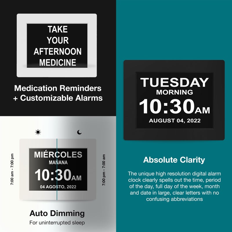 American Lifetime New 2025 Dementia Clock Large Digital Clock for Seniors, Alzheimer Clock Large Display with Custom Alarms, Clock with Day & Date for Elderly, Big Number Digital Calendar Black - Image 5