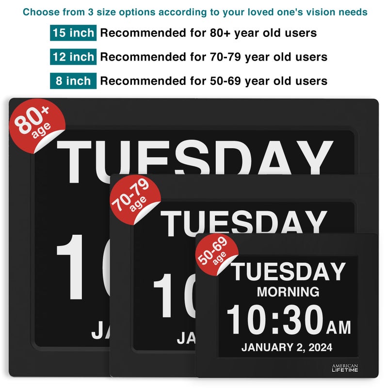 American Lifetime New 2025 Dementia Clock Large Digital Clock for Seniors, Alzheimer Clock Large Display with Custom Alarms, Clock with Day & Date for Elderly, Big Number Digital Calendar Black - Image 2