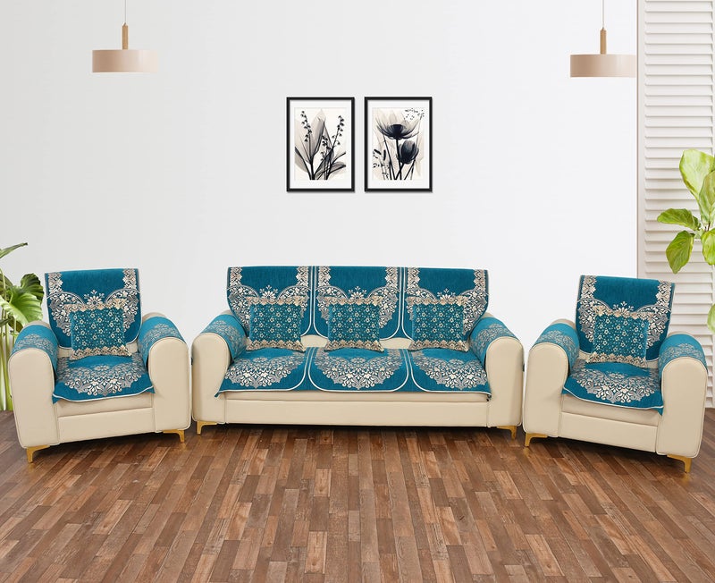 Dazzling DECOR Set of 5 Seater Sofa Cover (3+1+1) with Armrest & Cushion Covers – Premium Stretchable Fabric, Anti-Slip, Soft & Washable Couch Cover for Living Room (Sky Blue) - Image 1