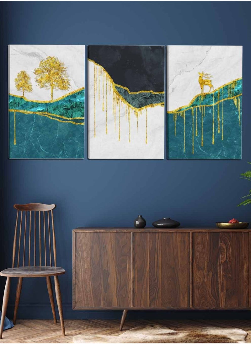 LOWHA Set Of 3 Framed Canvas Wall Arts Stretched Over Wooden Frame, Deer Tree Mountains Paintings, For Home, Living Room, Office Decor  - Image 2