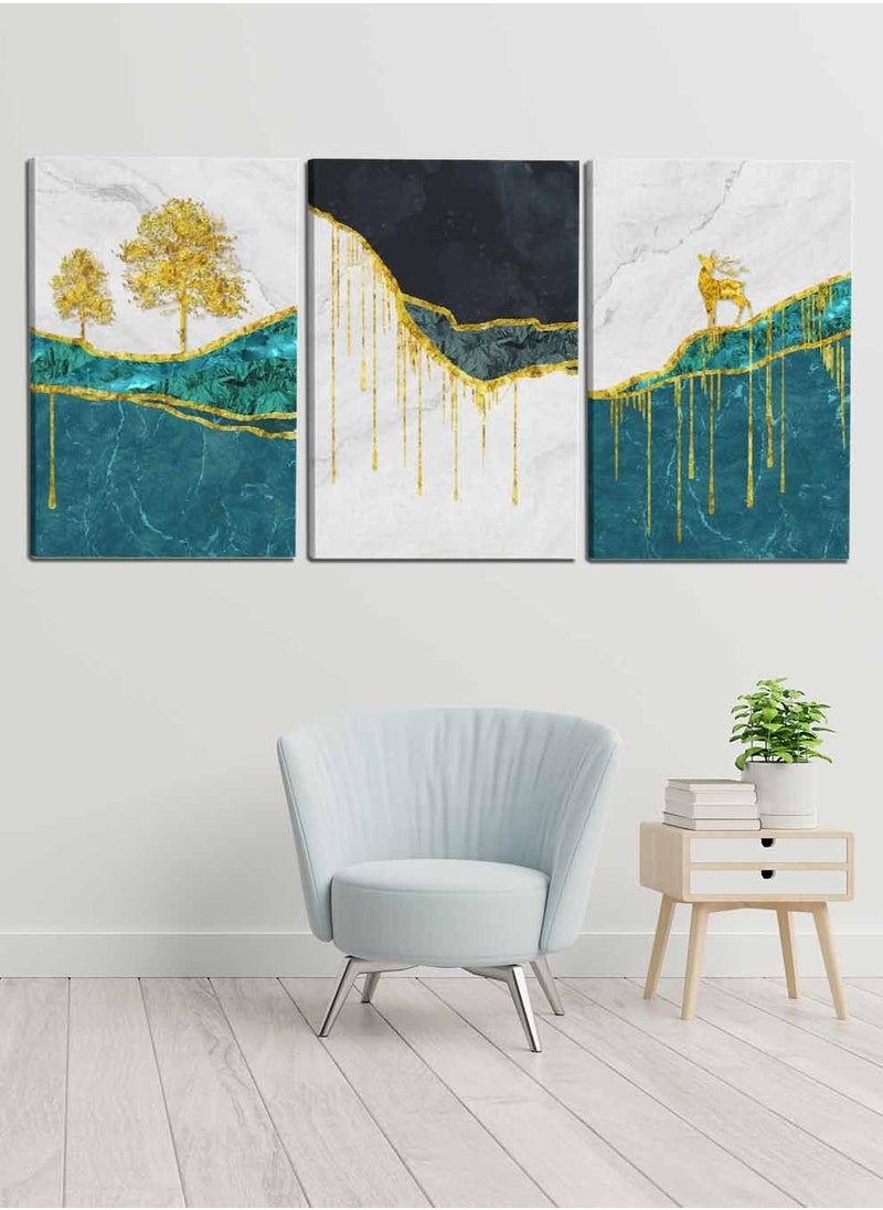 LOWHA Set Of 3 Framed Canvas Wall Arts Stretched Over Wooden Frame, Deer Tree Mountains Paintings, For Home, Living Room, Office Decor  - Image 1