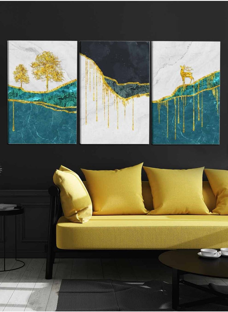 LOWHA Set Of 3 Framed Canvas Wall Arts Stretched Over Wooden Frame, Deer Tree Mountains Paintings, For Home, Living Room, Office Decor  - Image 3
