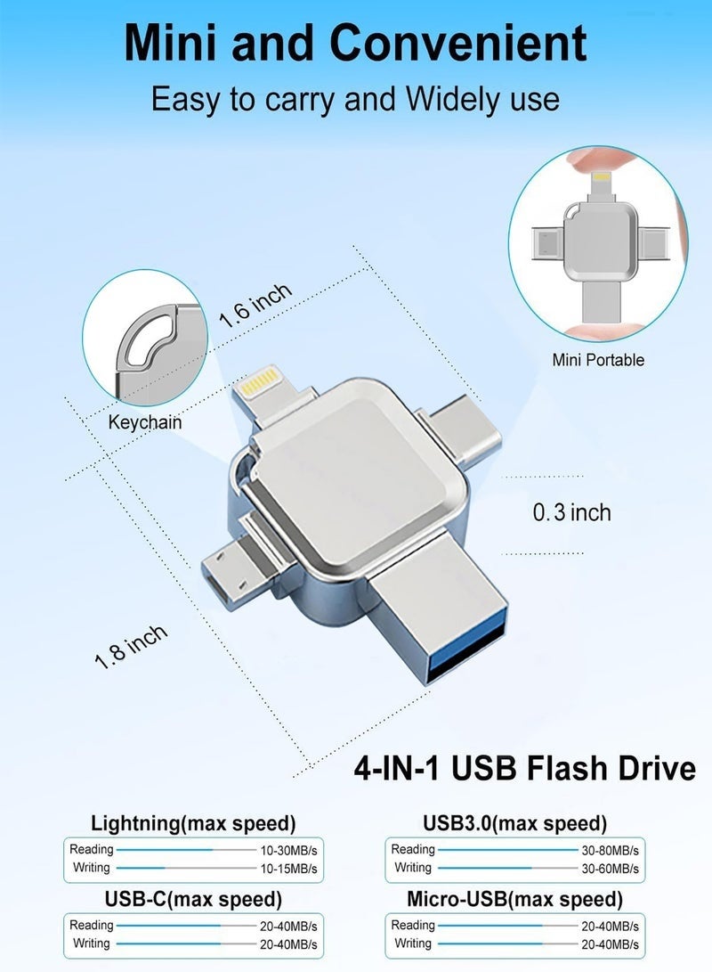 128GB 4-in-1 USB flash drive USB 3.0 4-in-1 memory flash multi-purpose Type-C external storage, suitable for Android smartphones e、iPad、MacBook、 Laptop, silver - Image 3