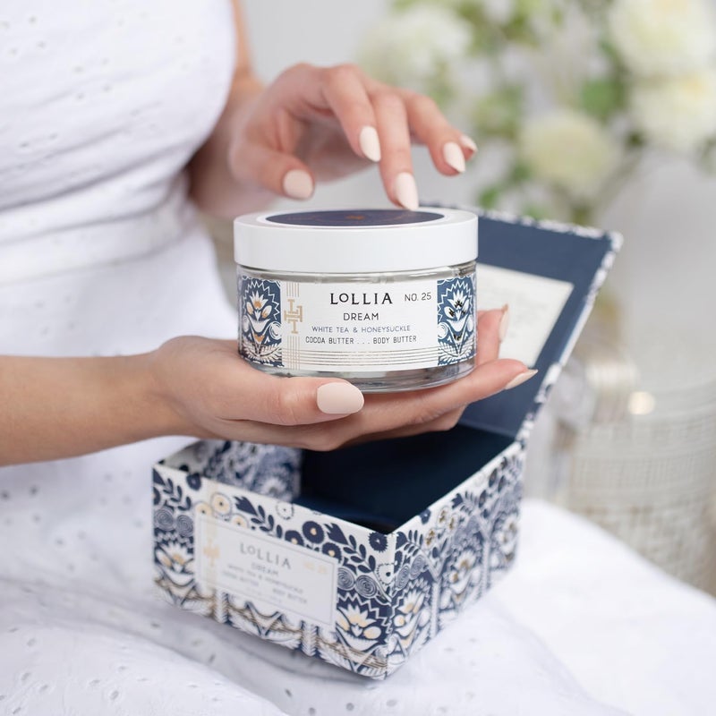 LOLLIA Dream Body Butter, 5.5 oz, White Tea & Honeysuckle Scented Balm for Women, Moisturizing Thick Shea & Cocoa Butter Lotion, Luxury Hydrating Skin Cream for Self Care - Image 5
