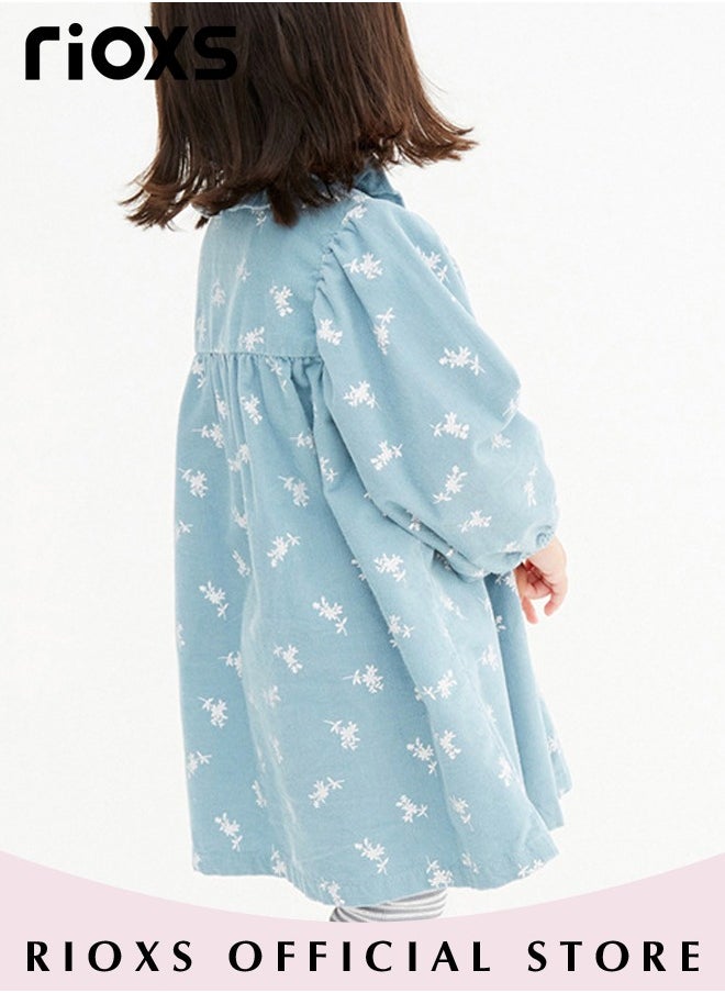 RIOXS - Toddlers Kids Girls Corduroy A Line Dress Round Neck Long Sleeve Dress Ruffle Princess Dress - Image 1
