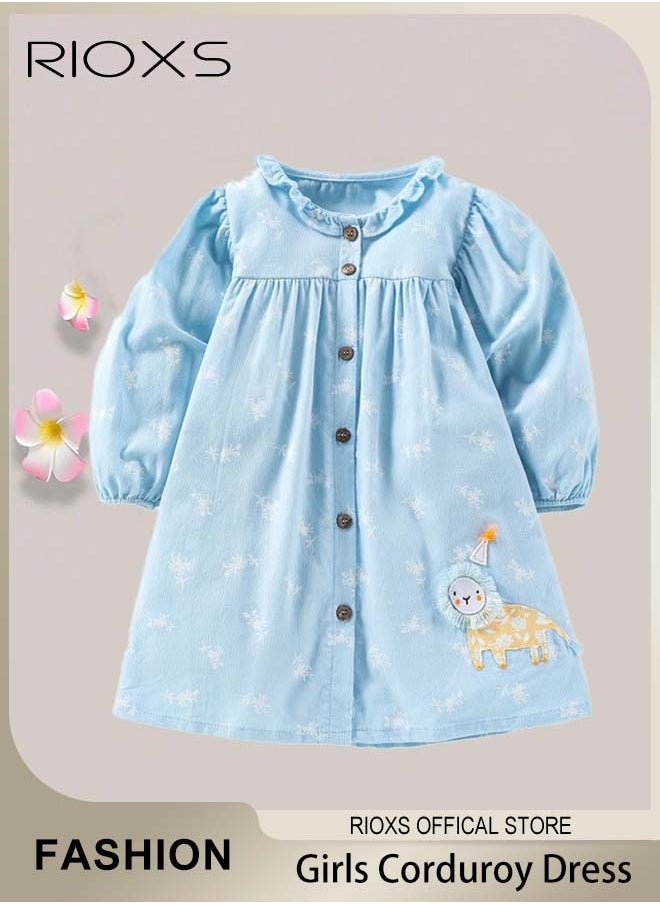 RIOXS - Toddlers Kids Girls Corduroy A Line Dress Round Neck Long Sleeve Dress Ruffle Princess Dress - Image 1