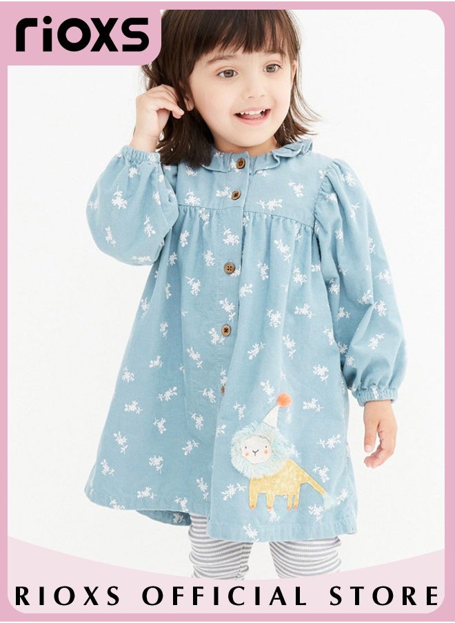 RIOXS - Toddlers Kids Girls Corduroy A Line Dress Round Neck Long Sleeve Dress Ruffle Princess Dress - Image 1