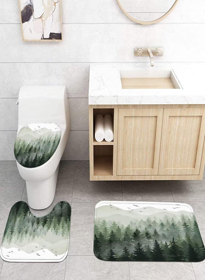 DDQQ 4Pcs Green Misty Forest Shower Curtain Sets with 12 Hooks, Non-Slip Rugs Toilet Lid Cover and Bath Mat for Bathroom Decor Sets, Nature Tree Mountain Shower Curtains for Bathroom - Image 5