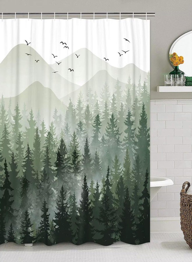 DDQQ 4Pcs Green Misty Forest Shower Curtain Sets with 12 Hooks, Non-Slip Rugs Toilet Lid Cover and Bath Mat for Bathroom Decor Sets, Nature Tree Mountain Shower Curtains for Bathroom - Image 4
