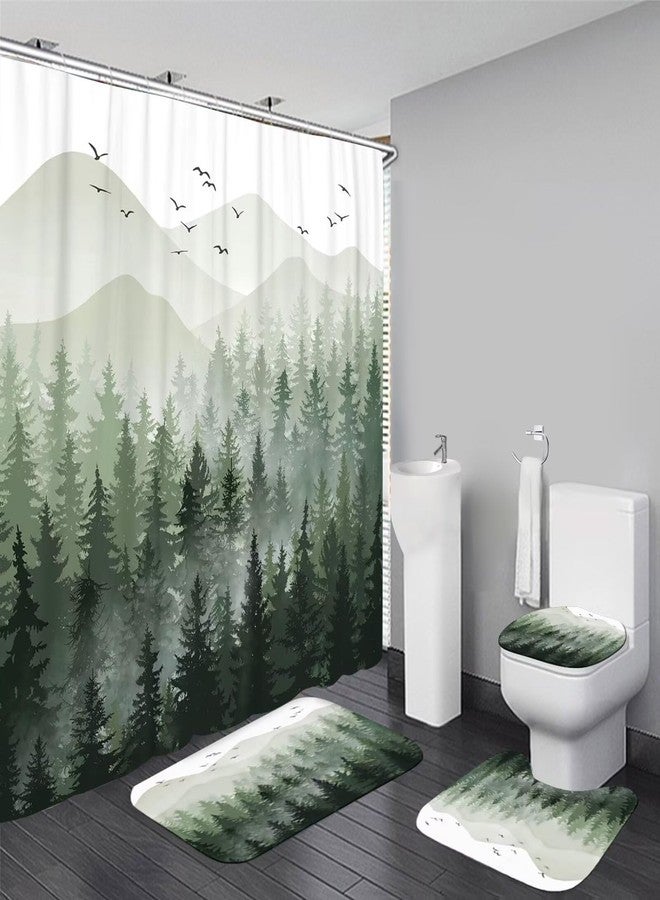 DDQQ 4Pcs Green Misty Forest Shower Curtain Sets with 12 Hooks, Non-Slip Rugs Toilet Lid Cover and Bath Mat for Bathroom Decor Sets, Nature Tree Mountain Shower Curtains for Bathroom - Image 1