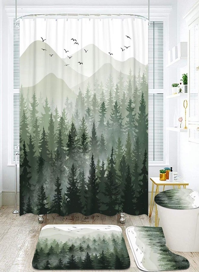 DDQQ 4Pcs Green Misty Forest Shower Curtain Sets with 12 Hooks, Non-Slip Rugs Toilet Lid Cover and Bath Mat for Bathroom Decor Sets, Nature Tree Mountain Shower Curtains for Bathroom - Image 3
