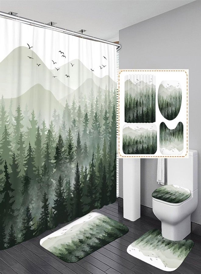DDQQ 4Pcs Green Misty Forest Shower Curtain Sets with 12 Hooks, Non-Slip Rugs Toilet Lid Cover and Bath Mat for Bathroom Decor Sets, Nature Tree Mountain Shower Curtains for Bathroom - Image 2