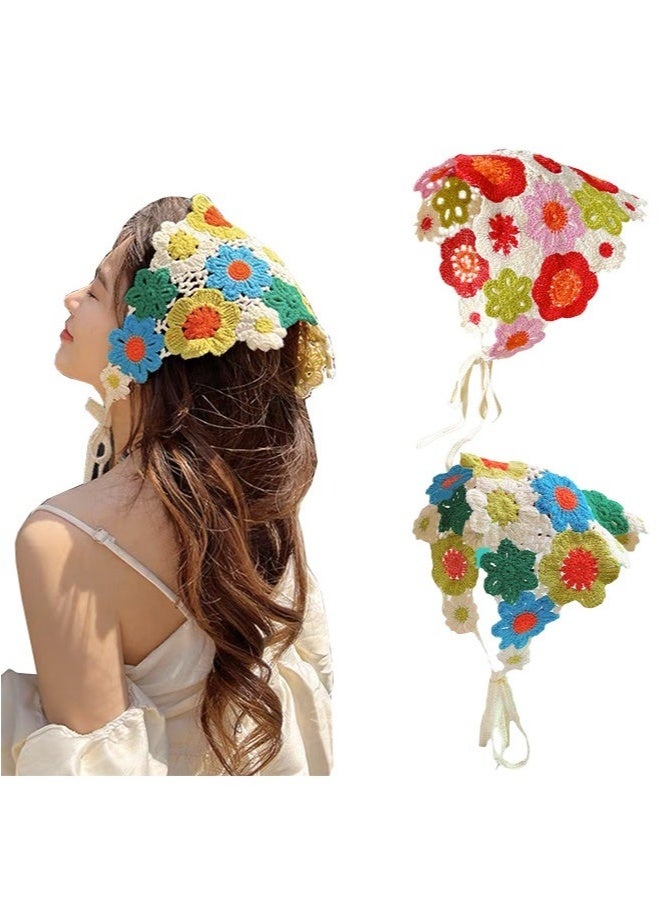 جيفت قطعتان من ربطات الشعر النسائية الكروشيه، وشاح شعر محبوك، غطاء رأس للفتيات، ربطة رأس زهرية عتيقة، إكسسوارات شعر، وشاح رأس زهري مثلث، ربطة رأس محبوكة مجوفة. - Image 1