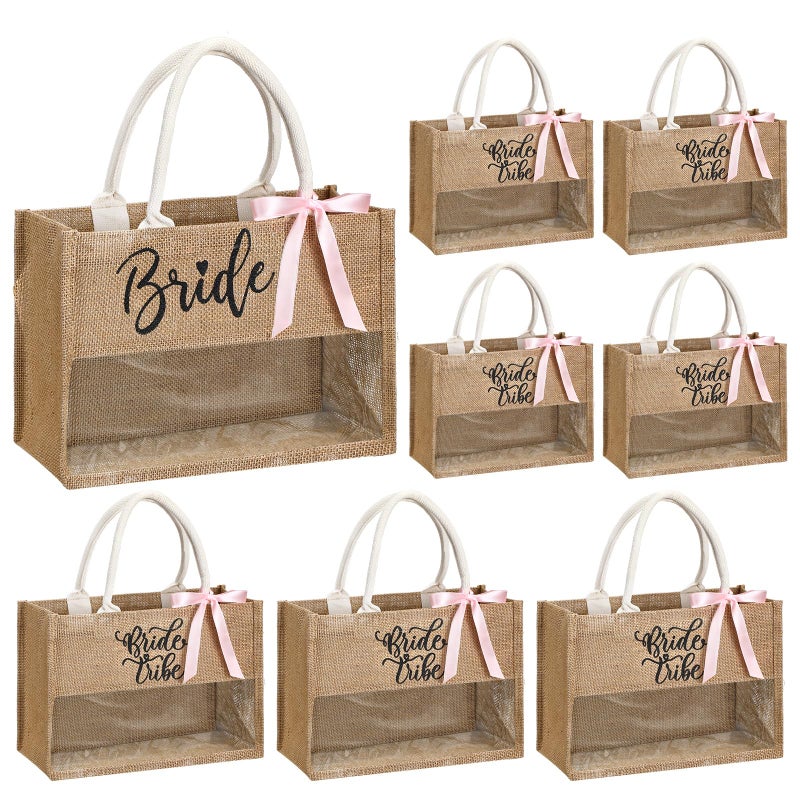 Locmeo 8 Pcs Bachelorette Beach Bag Bridal Party Tote Bag Bride Tribe Gifts with PVC Window for Bridesmaids Engagement Party (Jute Brown) - Image 1
