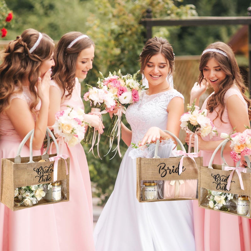 Locmeo 8 Pcs Bachelorette Beach Bag Bridal Party Tote Bag Bride Tribe Gifts with PVC Window for Bridesmaids Engagement Party (Jute Brown) - Image 3