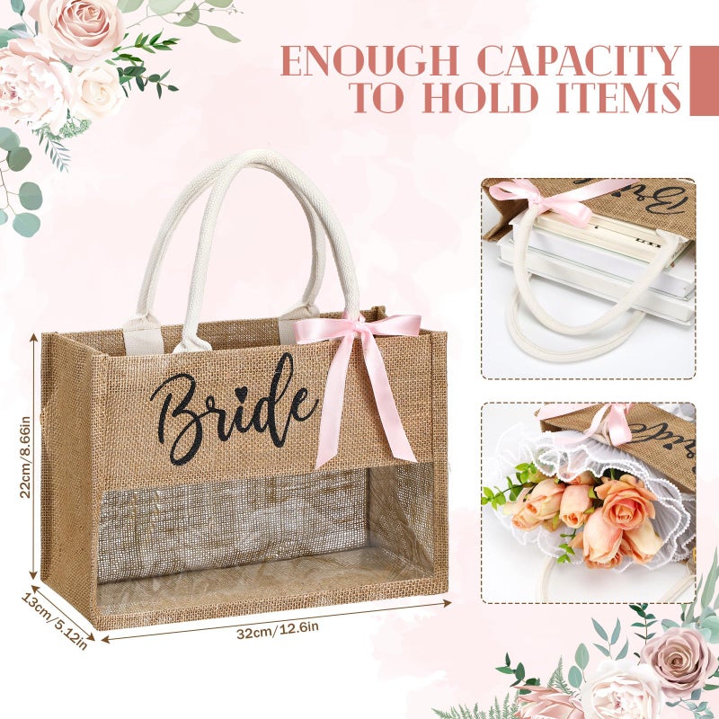 Locmeo 8 Pcs Bachelorette Beach Bag Bridal Party Tote Bag Bride Tribe Gifts with PVC Window for Bridesmaids Engagement Party (Jute Brown) - Image 4