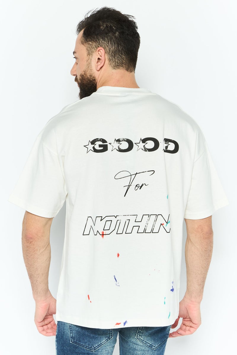 GOOD FOR NOTHING تي شيرت رجالي بأكمام قصيرة وياقة دائرية، مطبوع برسومات، أبيض فاتح - Image 4