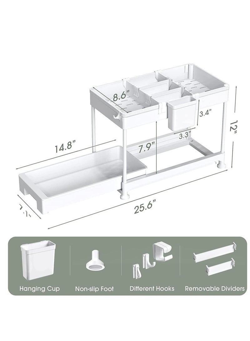 ميكسد منظم تحت الحوض، منظم سلة خزانة منزلق بطبقتين تحت رف تخزين الحمام مع خطافات، كوب معلق، فواصل، رف تخزين متعدد الأغراض لمطبخ الحمام (أبيض) - Image 3