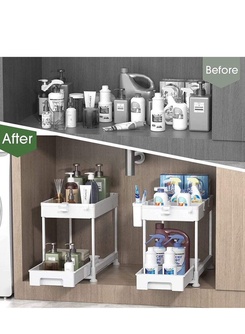 ميكسد منظم تحت الحوض، منظم سلة خزانة منزلق بطبقتين تحت رف تخزين الحمام مع خطافات، كوب معلق، فواصل، رف تخزين متعدد الأغراض لمطبخ الحمام (أبيض) - Image 4