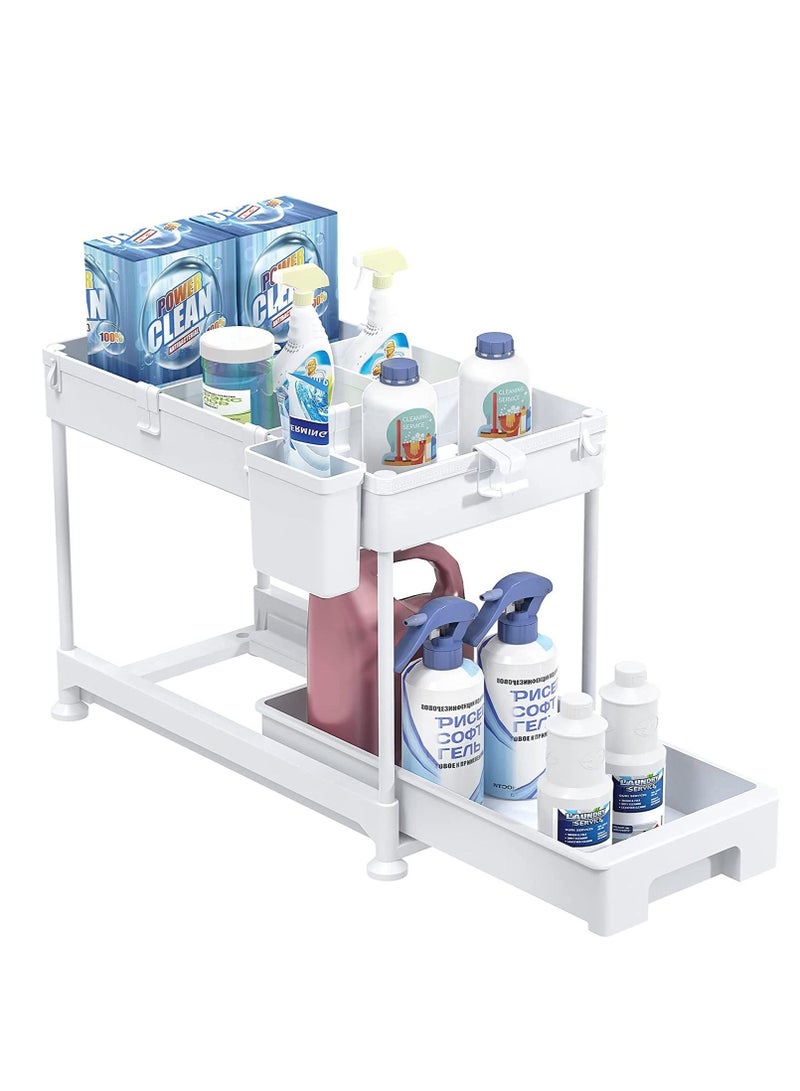 ميكسد منظم تحت الحوض، منظم سلة خزانة منزلق بطبقتين تحت رف تخزين الحمام مع خطافات، كوب معلق، فواصل، رف تخزين متعدد الأغراض لمطبخ الحمام (أبيض) - Image 2