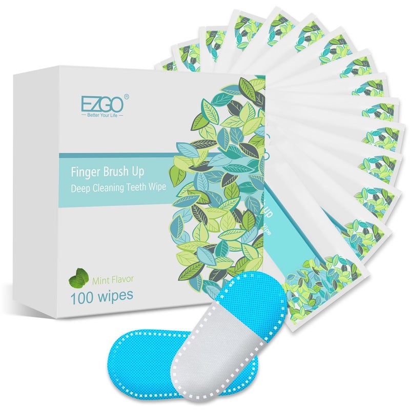 EZGO 100pcs Deep Cleaning Teeth Wipes Finger Brush Teeth Wipes Oral Brush Ups Latex Free Mint Flavor - Image 1
