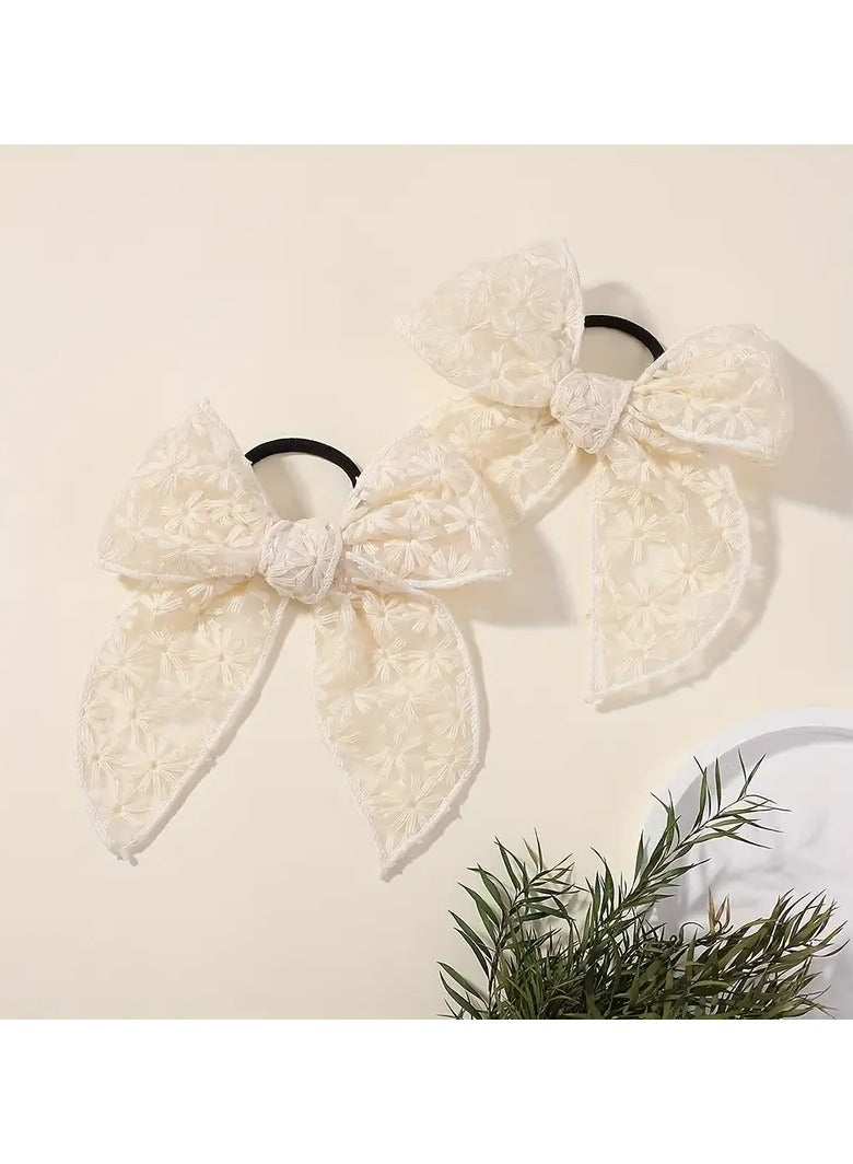 Goolsky 2pcs Elegant Butterfly Bow Hair Ties for Girls - Cream White, All-Season Polyester Fashion Accessory - Image 2