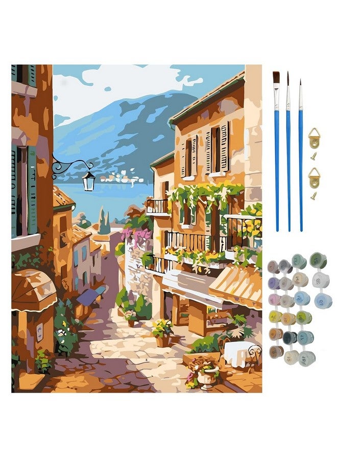 HASTHIP® DIY Paint by Numbers Kit for Adults, Pre-Framed European Town Scenery Canvas with Acrylic Paints & Brushes, Beginner-Friendly Art Kit for Wall Decor & Gift, Home DIY Oil Painting, 16x20 Inch - Image 1
