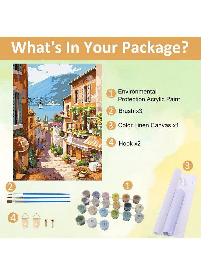 HASTHIP® DIY Paint by Numbers Kit for Adults, Pre-Framed European Town Scenery Canvas with Acrylic Paints & Brushes, Beginner-Friendly Art Kit for Wall Decor & Gift, Home DIY Oil Painting, 16x20 Inch - Image 2