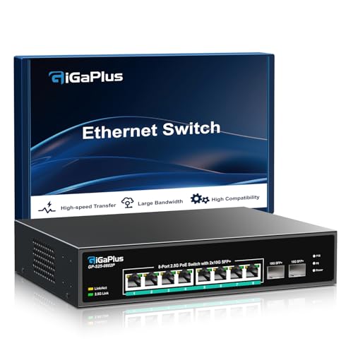 GigaPlus 10 Port 2.5Gb Unmanaged PoE Switch with 8*2.5G Base-T PoE Ports, 2*10G SFP+ Uplink, 802.3af/at (PoE+), 80Gbps Switching Capacity, GigaPlus 2.5G PoE Switch for 2.5Gb NAS/PC, WiFi6 Router, Wireless AP - Image 1
