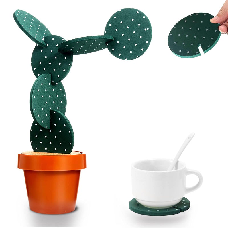 Cactus Coasters Set of 6 DIY Funny Drink Holders with Flowerpot Novelty Gifts for Bar Home Decor Green with Point