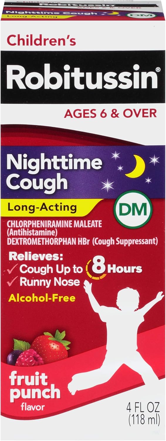 Robitussin Nighttime Cough LongActing DM Cough Medicine for Kids Fruit Punch Flavor  4 Fl Oz Bottle - Image 1