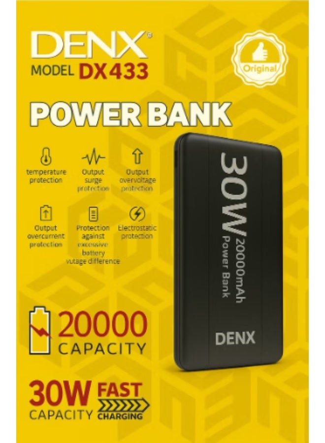 دينكس بنك طاقة DENX DX433 عالي السعة بسعة 20000 مللي أمبير مع شحن سريع بقوة 30 واط بتقنية PD وهيكل متين من مادة ABS+PC - Image 2