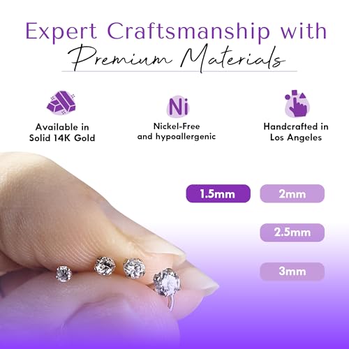 FreshTrends خاتم أنف ماسي من فريش تريندز – 20G 1.5mm (0.015 قيراط) خاتم أنف حقيقي – خاتم أنف من الذهب الحقيقي عيار 14 قيراط بتصميم لولبي – مصنوع في الولايات المتحدة الأمريكية خاتم أنف للنساء - Image 2