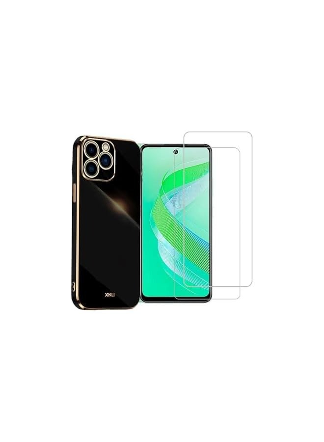 PROMASS [1+2pcs] Compatible for infinix SMART 8 Case & Screen Protector, Plating TPU Soft [Tempered Glass] Cover with 360 Degree Cover Anti-Scratch Anti -Collision (Black) - Image 1