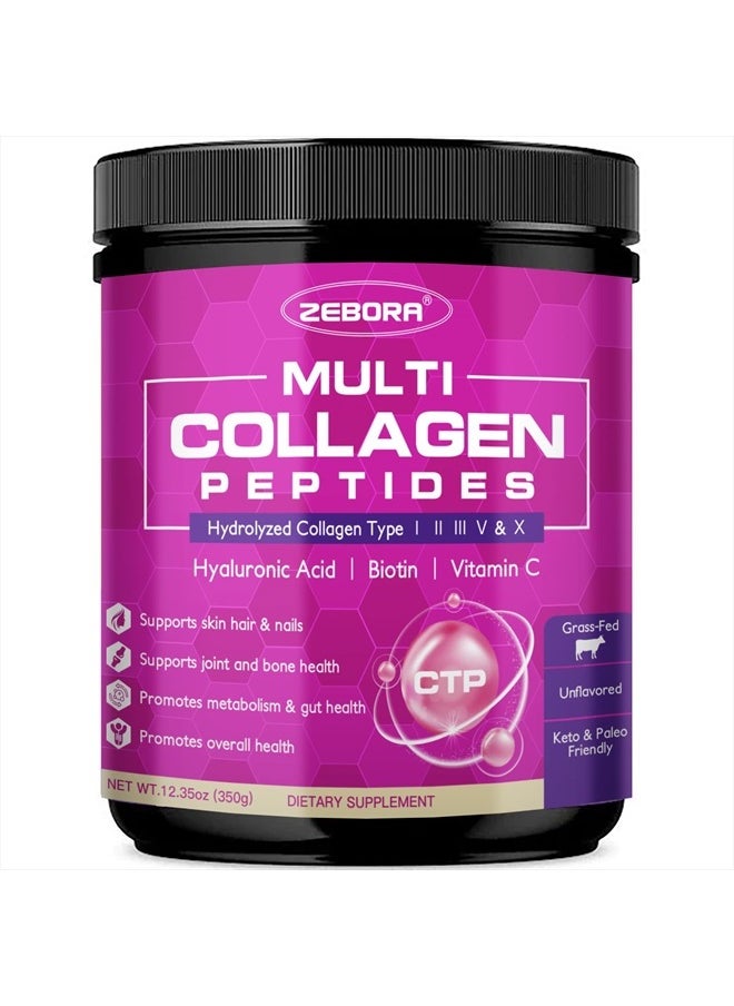 ZEBORA - Multi Collagen Peptides Powder - Hydrolyzed Collagen Type I II III V X with Hyaluronic Acid, Biotin, Vitamin C - Support Skin Hair Nail Joints & Metabolism, Non-GMO, Unflavored, Keto Friendly - Image 1