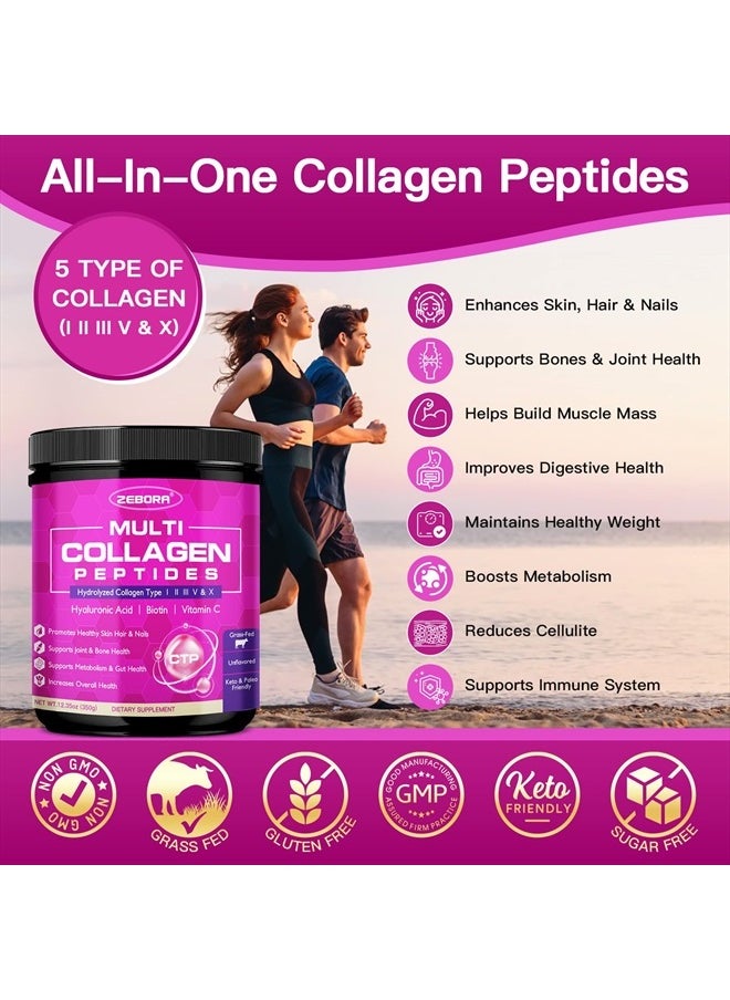 ZEBORA - Multi Collagen Peptides Powder - Hydrolyzed Collagen Type I II III V X with Hyaluronic Acid, Biotin, Vitamin C - Support Skin Hair Nail Joints & Metabolism, Non-GMO, Unflavored, Keto Friendly - Image 1