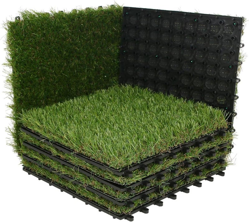 XLX TURF Artificial Grass Turf Tiles Interlocking Set 6 Pieces, Square Fake Grass Tiles Self-draining for Pet Indoor/Outdoor Flooring Decor, 12"x12", 8 Buckle Systerm - Image 1