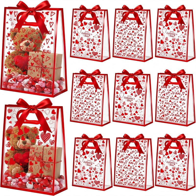 Henoyso 12 Pcs Valentine's Day Gift Bags with Handles Red Heart Clear Gift Bags with Bow Ribbon Reusable PVC Plastic 7x10x3.15 Party Favor for Lover Galentines Anniversary Dating Wedding (Heart) - Image 1