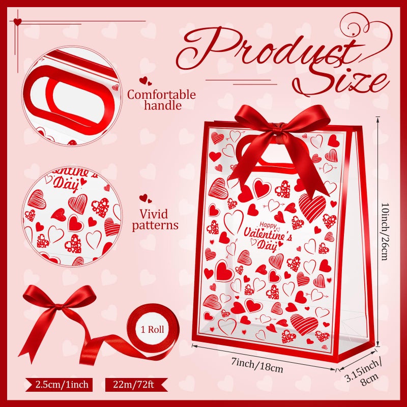Henoyso 12 Pcs Valentine's Day Gift Bags with Handles Red Heart Clear Gift Bags with Bow Ribbon Reusable PVC Plastic 7x10x3.15 Party Favor for Lover Galentines Anniversary Dating Wedding (Heart) - Image 2
