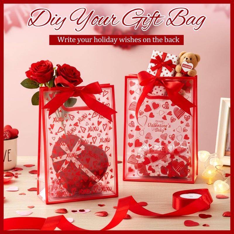 Henoyso 12 Pcs Valentine's Day Gift Bags with Handles Red Heart Clear Gift Bags with Bow Ribbon Reusable PVC Plastic 7x10x3.15 Party Favor for Lover Galentines Anniversary Dating Wedding (Heart) - Image 4