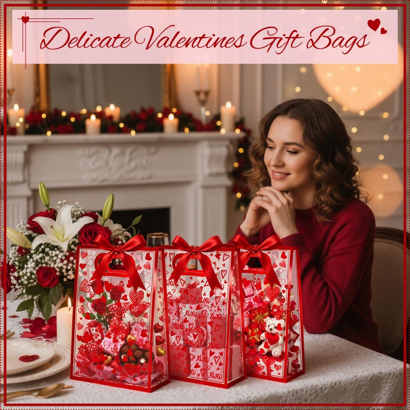 Henoyso 12 Pcs Valentine's Day Gift Bags with Handles Red Heart Clear Gift Bags with Bow Ribbon Reusable PVC Plastic 7x10x3.15 Party Favor for Lover Galentines Anniversary Dating Wedding (Heart) - Image 5
